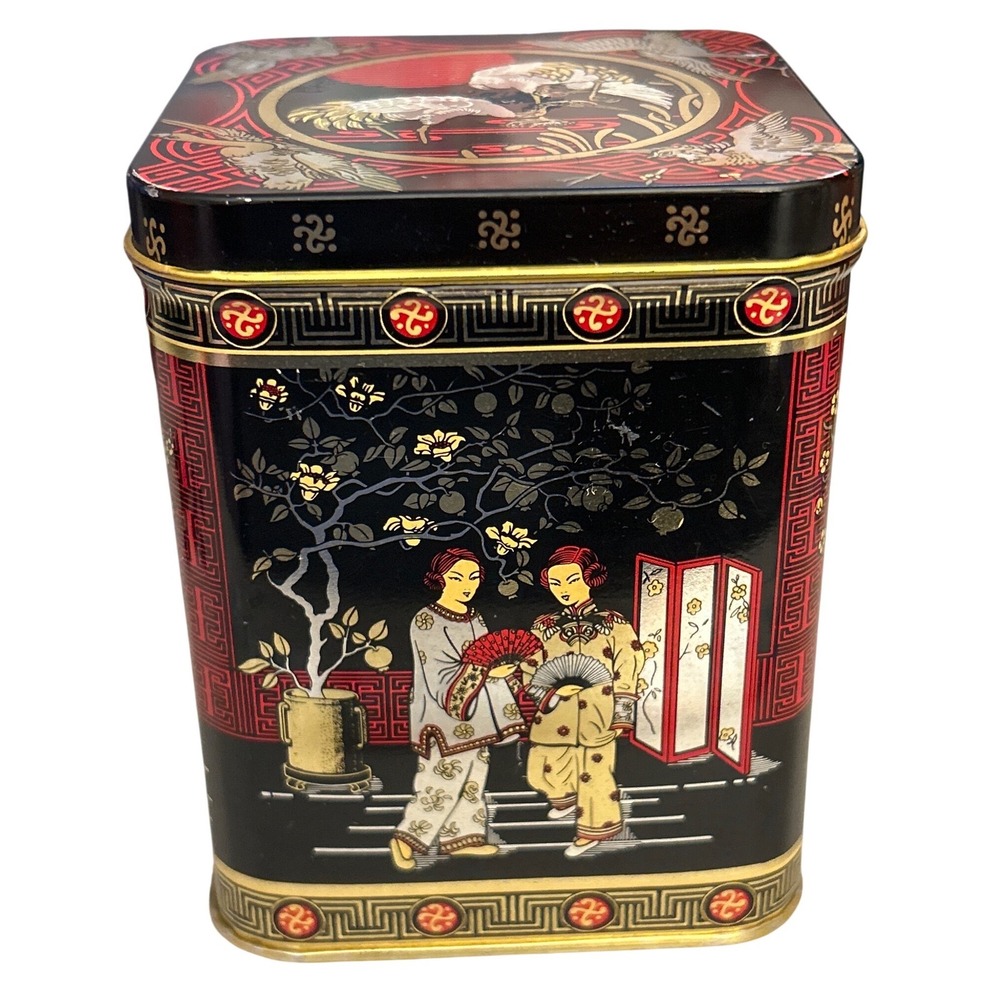 Vintage Chinoiserie Metal Tin Made in England Black Gold Crane Hinged Lid Box